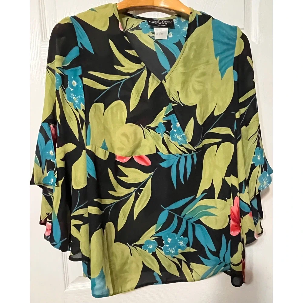 Russell Kemp Woman Tropical Floral Skirt Set 2pc Black Green‎ Blue Pink 14/16